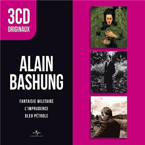 "3CD ORIGINAUX, ALAIN BASHUNG, FANTAISIE MILITAIRE, L'IMPRUDENCE, BLEU PÉTROLE." Links Text, rechts 3 Fotos übereinander.