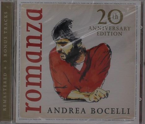 "Romanza", "20th Anniversary Edition", "Andrea Bocelli". Illustration: Mann im roten Pullover, nachdenklich an Tisch.