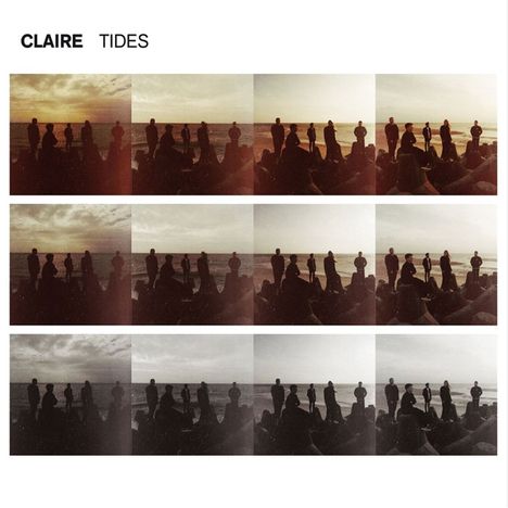 CLAIRE TIDES oben links. Drei Reihen mit Sonnenuntergang-Silhouetten am Meer, in verschiedenen Farbfiltern.