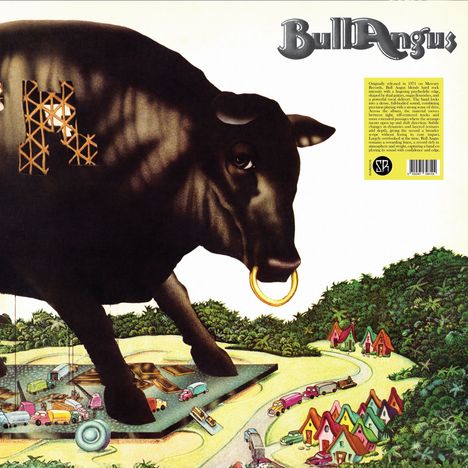 „Bull Angus“ steht oben. Eine große Illustration zeigt einen riesigen schwarzen Stier mit Nasenring über einer Landschaft.