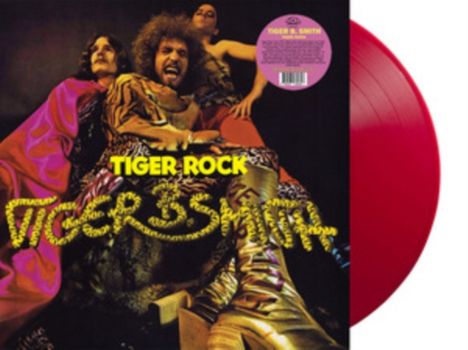 "TIGER ROCK", "TIGER B. SMITH" in gelber Schrift. Rotes Vinyl. Drei Personen in bunten Outfits, dynamische Pose.