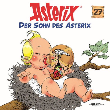 "Asterix, Der Sohn des Asterix, 27." Illustration eines Babys im Nest und eines kleinen Kriegers mit Helm.