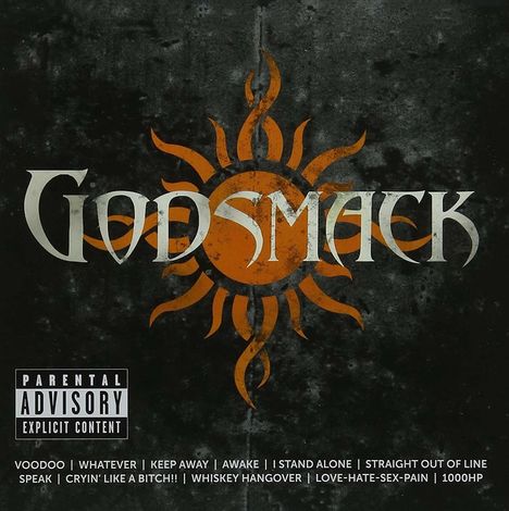 "Parental Advisory Explicit Content". Darunter: Musiktitel. In der Mitte: "Godsmack" vor einem orangen, stilisierten Sonnensymbol.