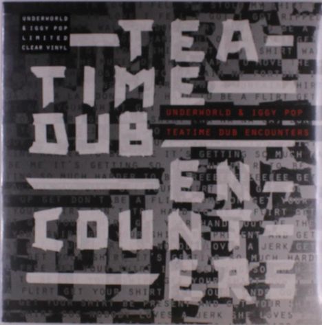 Große weiße Buchstaben bilden den Text "TEA TIME DUB ENCOUNTERS". Hintergrund mit kleinem Text in Grautönen.