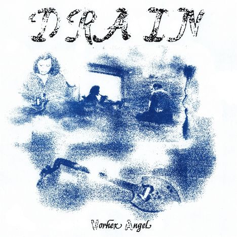 Der Text „DRAIN“ und „Vortex Angel“ ist über einem blauen, nebeligen Hintergrund mit schemenhaften Gestalten verteilt.