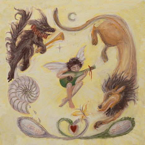 Eine Illustration mit einem geflügelten Wesen, das Gitarre spielt, umgeben von einem Löwen, einem Hund, einer Blume und Muschel.