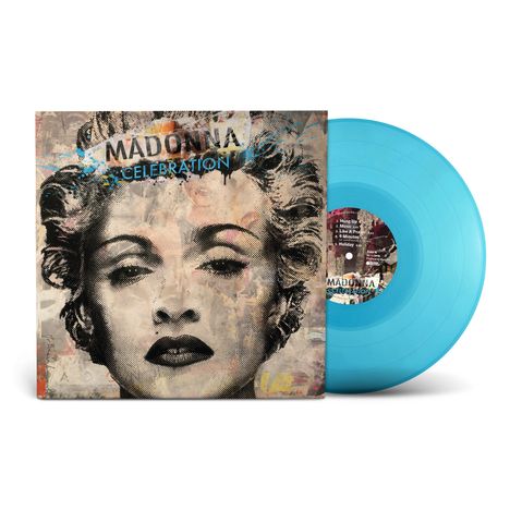 Text: "MADONNA CELEBRATION". Eine monochrome Illustration eines weiblichen Gesichts mit einem blauen Vinyl.