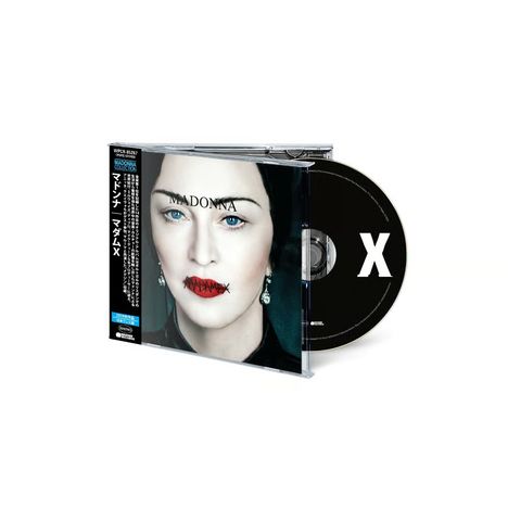 Text: MADONNA, MADAME X, japanische Schriftzeichen.  
Illustration: Frau mit roten Lippen, X auf CD.