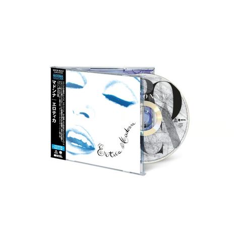 Auf dem Cover steht "Erotica Madonna". Es zeigt ein stilisiertes Gesicht in Blau-Weiß und enthält eine CD.