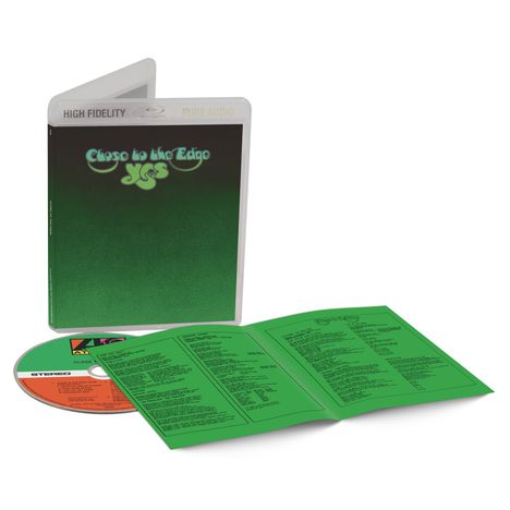 Texte: "CLOSE TO THE EDGE", "YES", "HIGH FIDELITY", "PURE AUDIO". CD-Hülle, Disc und Booklet in Grün- und Orangetönen.