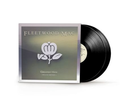 "Fleetwood Mac Greatest Hits Deluxe Edition" steht in Großbuchstaben auf einem Albumcover mit einer stilisierten Blume.