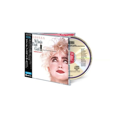 CD-Hülle von "Who's That Girl" mit einem Porträt einer Frau mit blondem Haar und rotem Lippenstift.