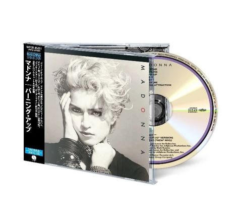 Cover mit "Madonna" in vertikaler Schrift; daneben eine CD mit Titeln wie "Holiday" und "Burning Up". 