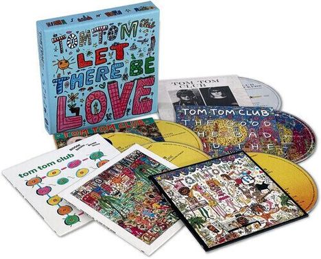 Bunte Buchstaben schreiben: "Tom Tom Let There Be Love". Darunter gelbes Etikett mit CD-Set-Inhalt. Verspielte Muster.