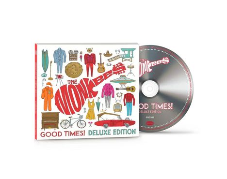 "The Monkees", "Good Times! Deluxe Edition". Illustration mit Retro-Gegenständen und einem CD-Design.