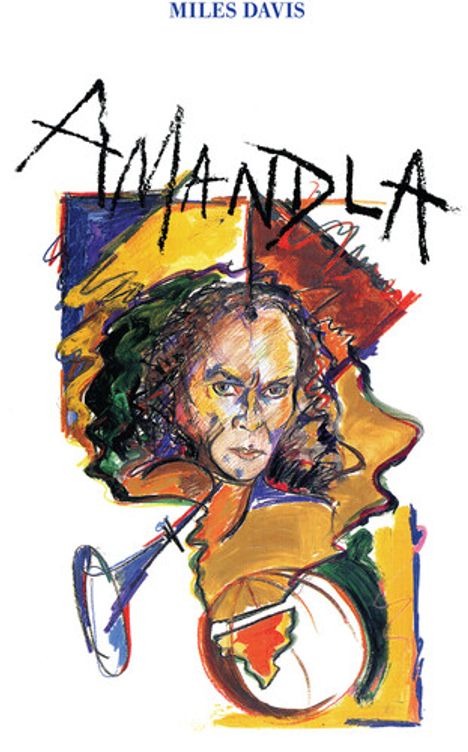 Text: "AMANDLA" und "MILES DAVIS". Buntes, abstraktes Porträt eines Mannes, mit Musikinstrumente-Elementen.