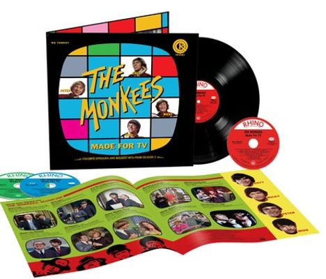 „THE MONKEES“, „MADE FOR TV“, Albumcover mit buntem Schachbrettmuster, Schallplatte, CDs und Faltblatt mit Fotos der Band.