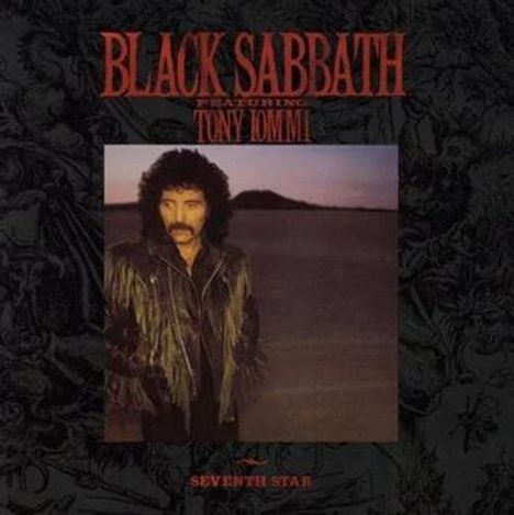 "BLACK SABBATH featuring TONY IOMMI" und "SEVENTH STAR". Ein Mann mit schwarzer Kleidung und lockigem Haar vor einer Landschaft.