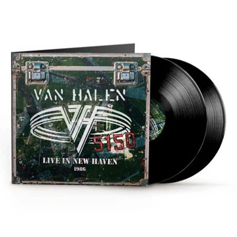 "Van Halen", "5150", "LIVE IN NEW HAVEN 1986". Schwarz-weiße Grafik mit prominentem Bandlogo und Metallkisten-Optik.