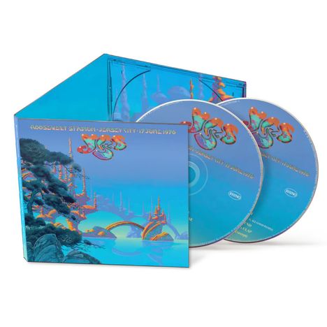 Text: "ROOSEVELT STADIUM · JERSEY CITY · 17 JUNE 1976" und "YES". Zwei CDs und ein Cover mit blauem Hintergrund.