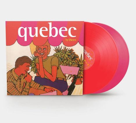 "Quebec by Ween" steht auf einem Albumcover. Illustration: Zwei lachende Personen unter einem gestreiften Sonnenschutz.