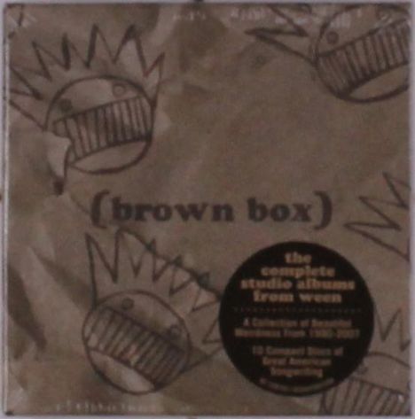 Text: "(brown box)", "the complete studio albums from ween". Illustration von lächelnden, krönchenartigen Gesichtern.