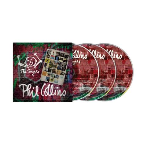 „The Singles“ und „Phil Collins“ stehen auf einem CD-Set mit 3 Discs. Cover zeigt buntes Mosaik vor rotem Backstein.