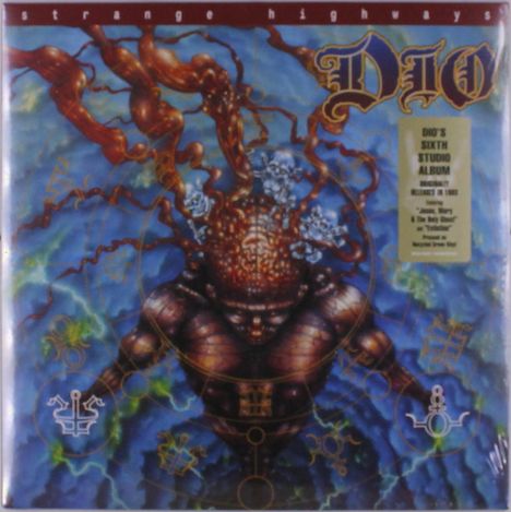 “Strange Highways” oben und “Dio” in Gold. Ein humanoides Wesen mit Kabeln und mystischen Symbolen vor blauem Hintergrund.