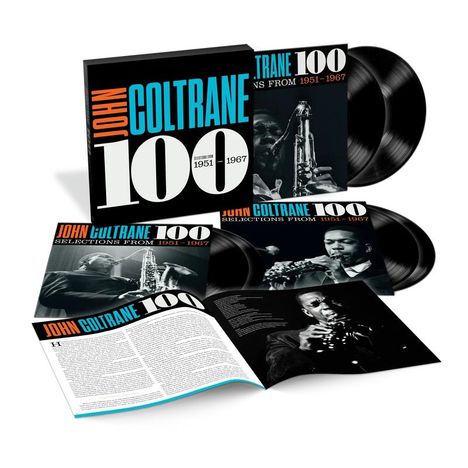 „John Coltrane 100: Selections from 1951-1967.“ Eine Box, Schallplatten und Fotos des Saxophonisten.