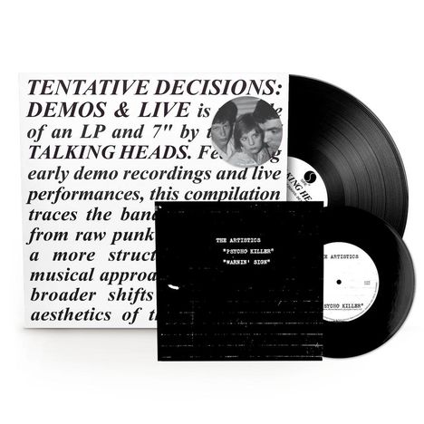 LP-Cover mit Text: "TENTATIVE DECISIONS: DEMOS & LIVE" und "TALKING HEADS". Single mit "THE ARTISTICS" und "PSYCHO KILLER".