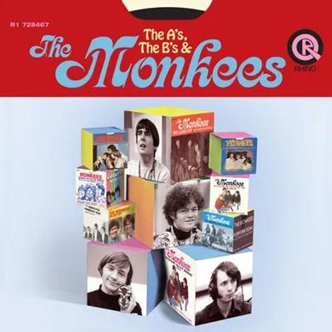 "The A's, The B's & The Monkees" steht in hellblau und rot auf einem bunten Würfelstapel mit Schwarzweiß-Porträts.