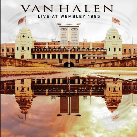 Van Halen Live at Wembley 1995. Vor Wembley-Stadion, reflektiert in einer Wasserfläche.