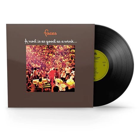 Text auf dunklem Hintergrund: "faces. A nod is as good as a wink...". Im Zentrum ein Konzertfoto, rechts eine Schallplatte.