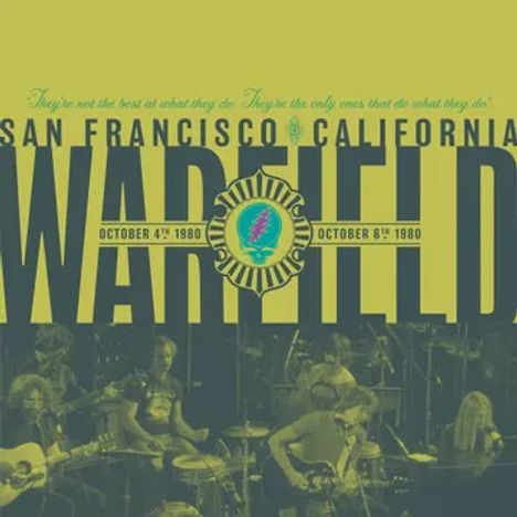 Text: "SAN FRANCISCO CALIFORNIA WARFIELD" mit Datum "October 4th-6th 1980". Band auf Bühne, gelb-grüne Töne.