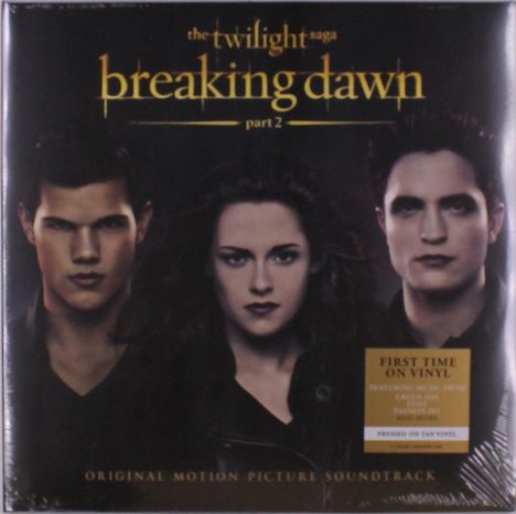 "The Twilight Saga: Breaking Dawn Part 2" oben; "Original Motion Picture Soundtrack" unten. Drei ernste Gesichter.
