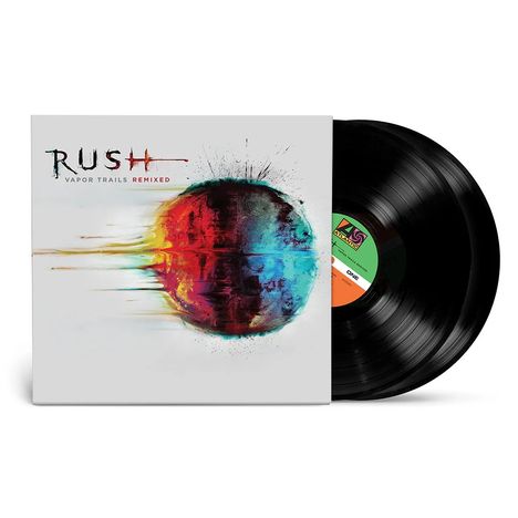 "Rush Vapor Trails Remixed" steht auf einem Albumcover. Ein farbenfrohes, abstraktes Kunstwerk ziert den Vordergrund.