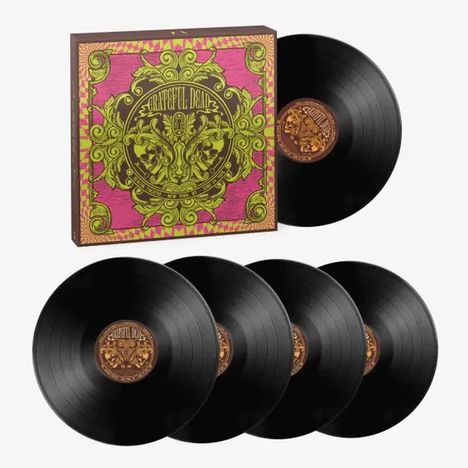 Text: "Grateful Dead". Eine bunte Schallplattenbox mit fünf schwarzen Vinylplatten. Verschnörkeltes Design in Grün und Pink.
