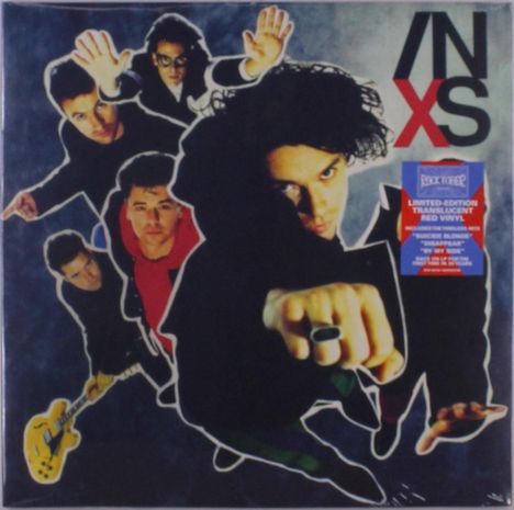 Oben rechts steht "INXS". Darunter sechs Männer, einer mit einem ausgestreckten Arm und Ring. Ein blauer Aufkleber beschreibt eine besondere Vinyl-Edition.