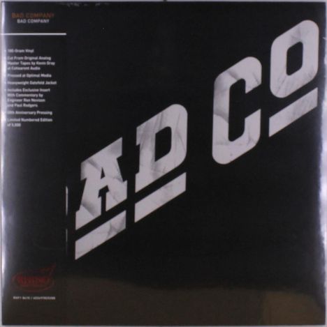 Text oben links: "BAD COMPANY". Großes diagonales Logo: "AD CO". Schwarzer Hintergrund. 40th Anniversary Edition.