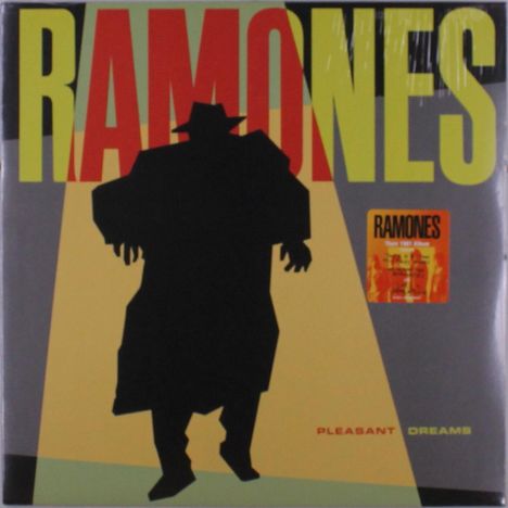 Text: "RAMONES," "PLEASANT DREAMS." Illustration: Silhouette einer Person in einem großen Mantel und Hut.