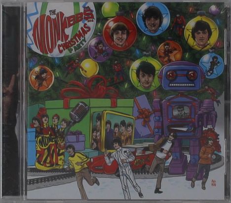 "The Monkees Christmas Party" steht oben. Bunte Illustration mit Gesichtern auf Kugeln, Geschenken, Autos, Menschen und Roboter.
