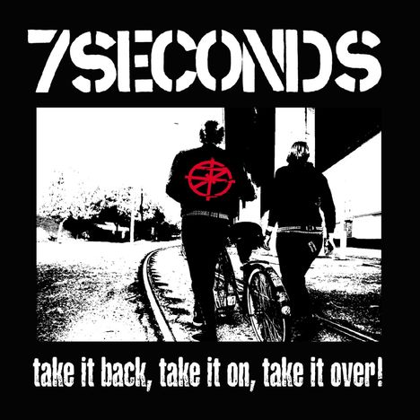 Logo "7SECONDS". Darunter: "take it back, take it on, take it over!". Zwei Personen mit Fahrrad auf einer Straße.