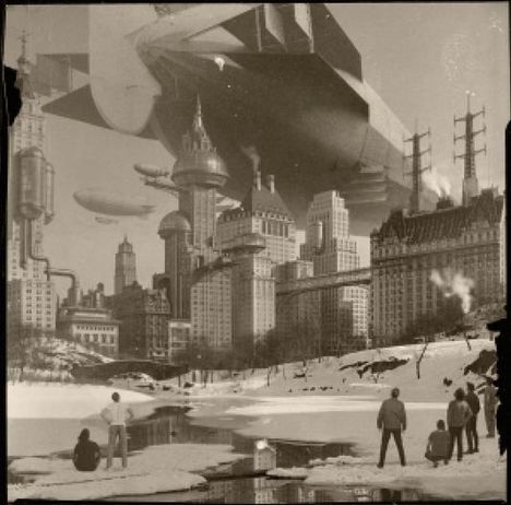 Eine futuristische Stadt mit großen Luftschiffen und prächtigen Gebäuden im Retro-Stil. Menschen betrachten die Szene.
