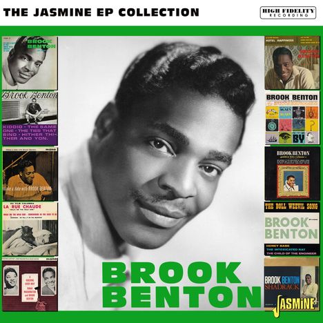 „The Jasmine EP Collection“, „High Fidelity Recording“, „Brook Benton“. Schwarzweiß-Foto eines Mannes mit EP-Covern.