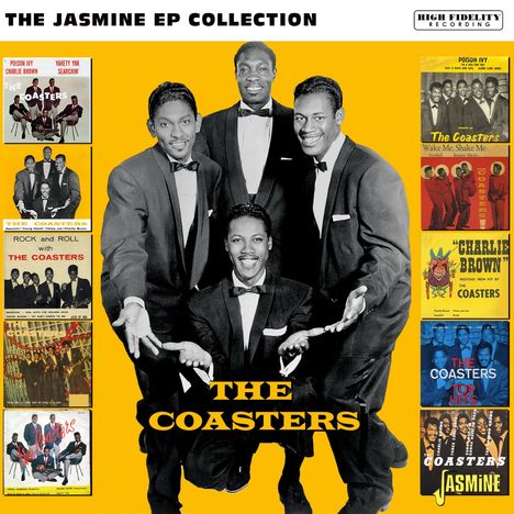 "The Coasters" in gelbem Text auf Schwarz-Weiß-Foto von vier Männern in Anzügen vor gelbem Hintergrund. Links und rechts EP-Cover.