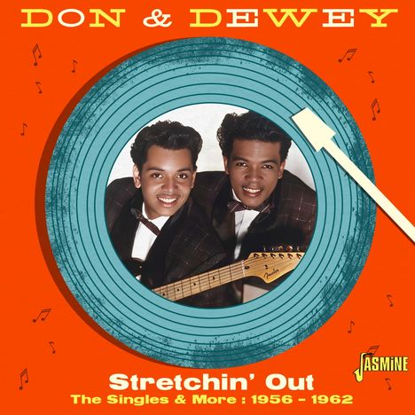 "Don & Dewey" oben, "Stretchin' Out" unten. Zwei lächelnde Männer mit Gitarre, umgeben von Schallplattenmotiv.