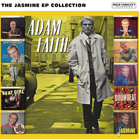 "The Jasmine EP Collection" und "Adam Faith" Text. Mann im Trenchcoat in Stadt, umgeben von Retro-Alben-Covern.
