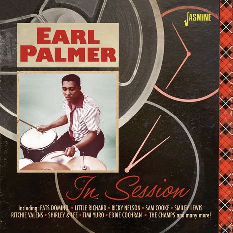 Text: "Earl Palmer In Session". Darunter: Namen bekannter Musiker. Links Foto eines Mannes am Schlagzeug. Logo in der Ecke.