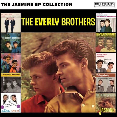 "The Jasmine EP Collection", "The Everly Brothers". Verschiedene Album-Cover umrahmen zwei junge Männer mit gestyltem Haar.