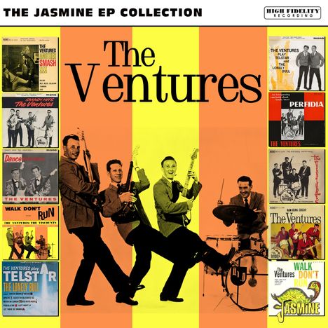 "The Jasmine EP Collection" oben, "High Fidelity Recording" rechts. Vier Musiker mit Gitarren in der Mitte, Plattencover an den Seiten.
